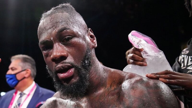 Deontay Wilder's face after the Tyson Fury trilogy fight in 2021