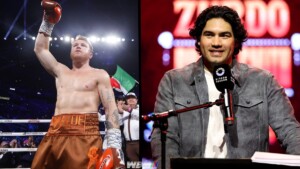 Two images placed side by side featuring professional boxers Canelo Álvarez and Gilberto Ramírez.