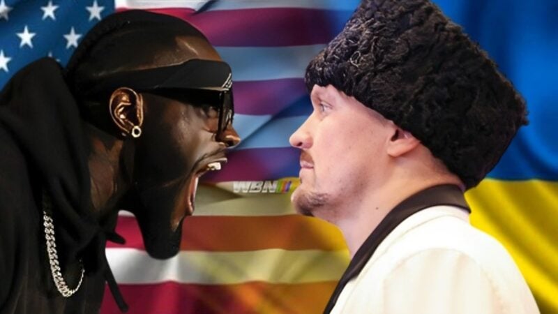 An image of Deontay Wilder vs Usyk with USA and Ukraine flags