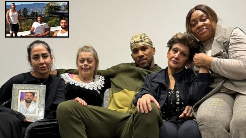 Anthony Joshua with the families of Latz and Sina with a picture of all three overlaid