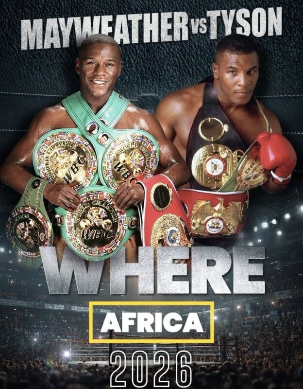 Mike Tyson and Floyd Mayweather poster displaying the words “Signed” and “In Africa”