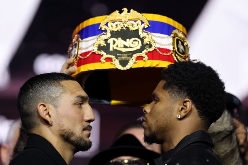 Lopez vs Stevenson Press Conference Sets the Tone 2 Teofimo Lopez and Shakur Stevenson face off at a press conference, with the Ring Magazine championship belt.