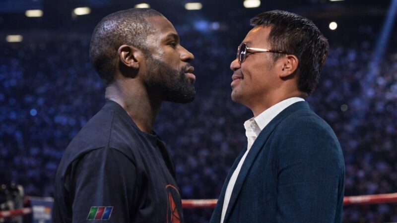 Floyd Mayweather and Manny Pacquiao face off in a boxing ring ahead of a potential rematch