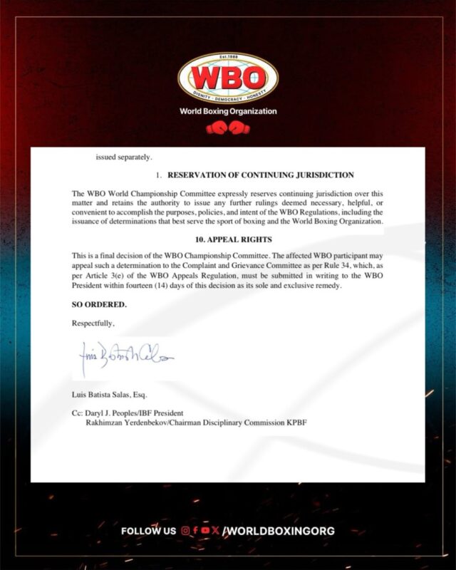 WBO resolution on Janibek's middleweight title
