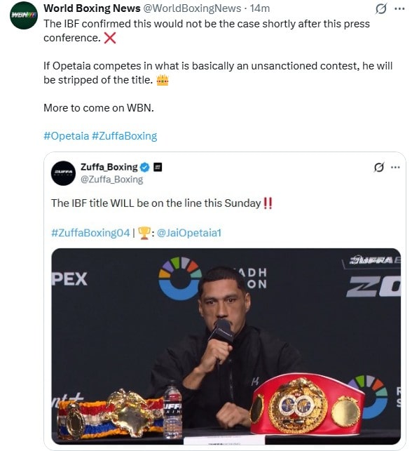 Photo of WBN's report on Jai Opetaia losing his IBF title due to his Zuffa debut