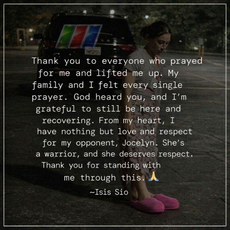 Isis Sio thanks fans and opponent Jocelyn Camarillo in recovery message after knockout fight