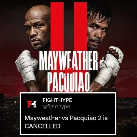 Floyd Mayweather and Manny Pacquiao promotional image with claim their rematch is canceled