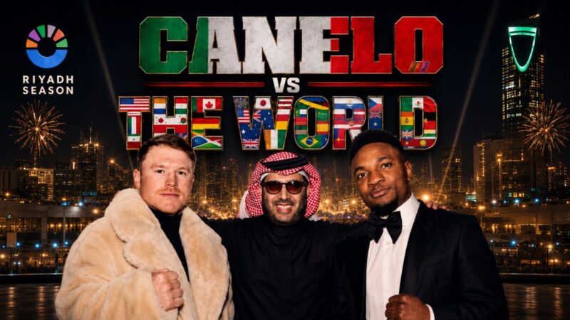 Canelo Alvarez and Christian Mbilli on the Mexico vs The World fight poster for Riyadh
