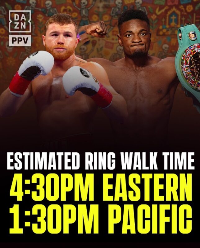 DAZN Boxing promotional poster showing the estimated Canelo Alvarez vs. Christian Mbilli ring walk at 4:30 PM ET and 1:30 PM PT on October 31, 2026, in Saudi Arabia