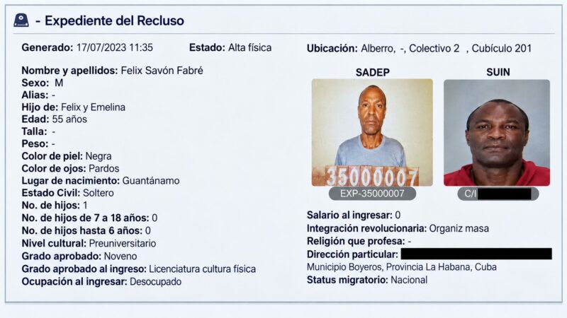 Purported Félix Savón Cuban prison record showing personal details and two identification photographs, with sensitive information redacted