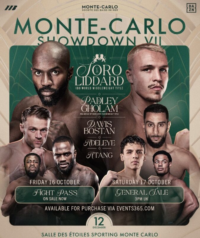 George Liddard vs Michel Soro fight poster for the IBO middleweight world title clash in Monte Carlo on December 12, 2026
