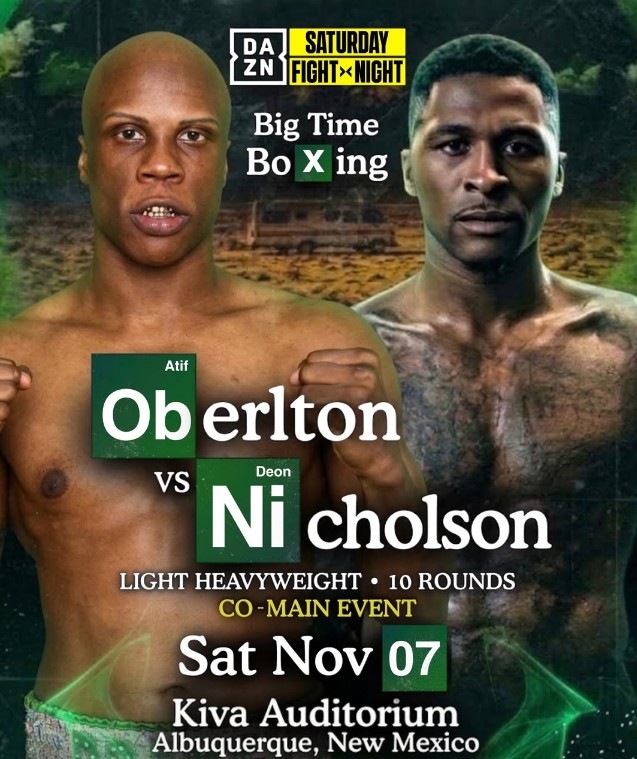 Atif Oberlton vs Deon Nicholson fight poster for their November 7, 2026, light heavyweight showdown in Albuquerque, New Mexico, live on DAZN